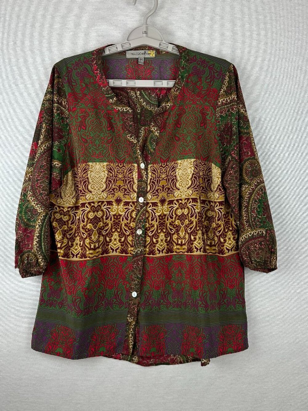 FIGUEROA & FLOWER BOHO PRINT BUTTON-FRONT BLOUSE COLARLESS 3/4 SLEEVE SIZE M